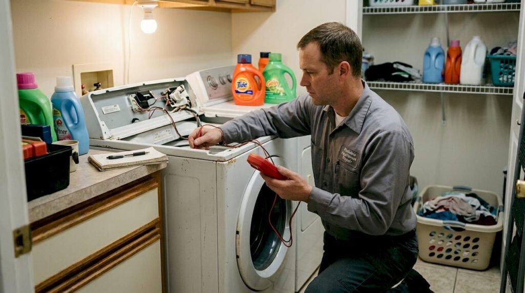 Technician testing washing machine with multimeter