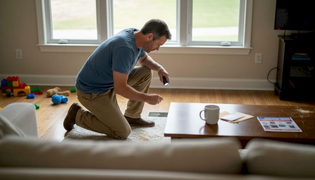 Man inspecting air vent in family room