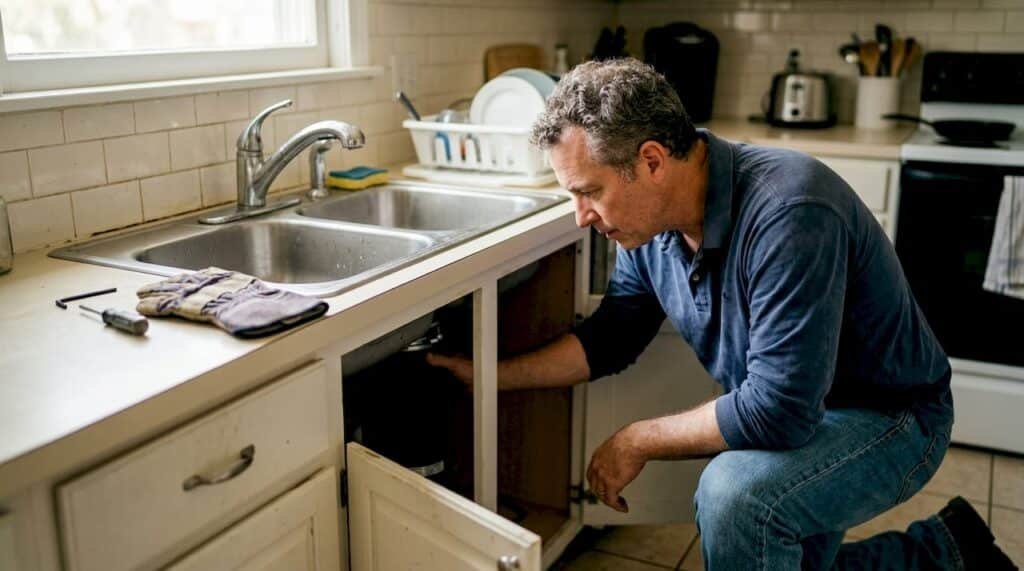 Man repairing garbage disposal under kitchen sink