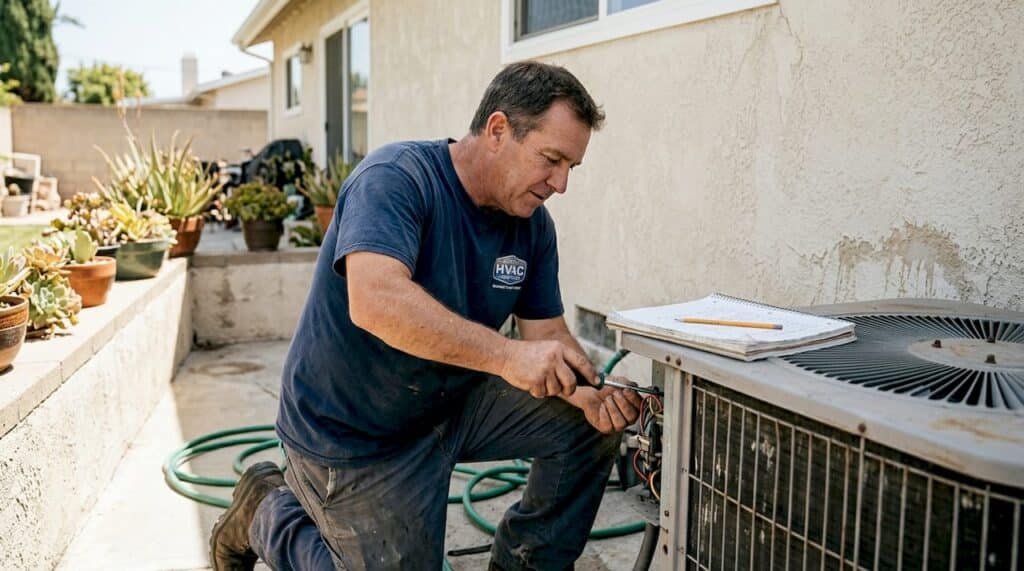 Technician adjusting heat pump by SoCal home