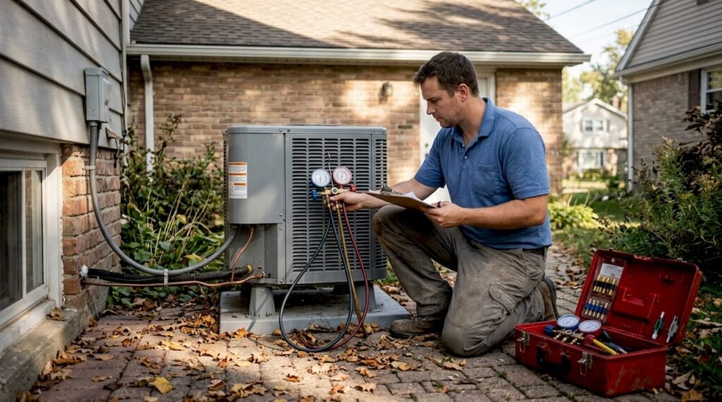 HVAC technician servicing home AC unit