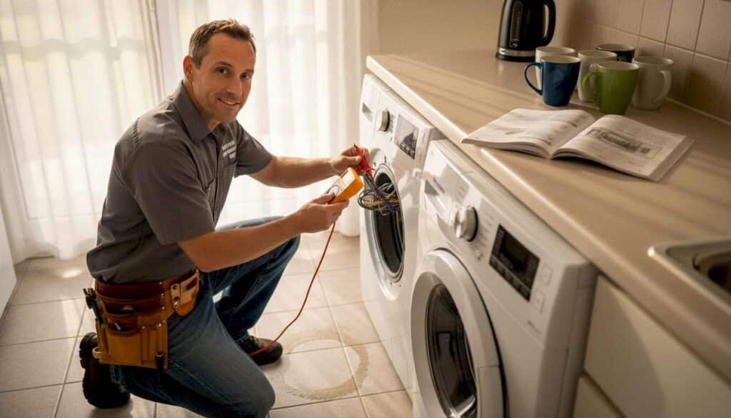 Technician repairing washing machine in kitchen
