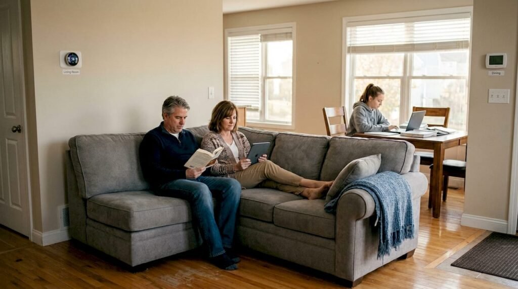 Family using living room with HVAC zone thermostats