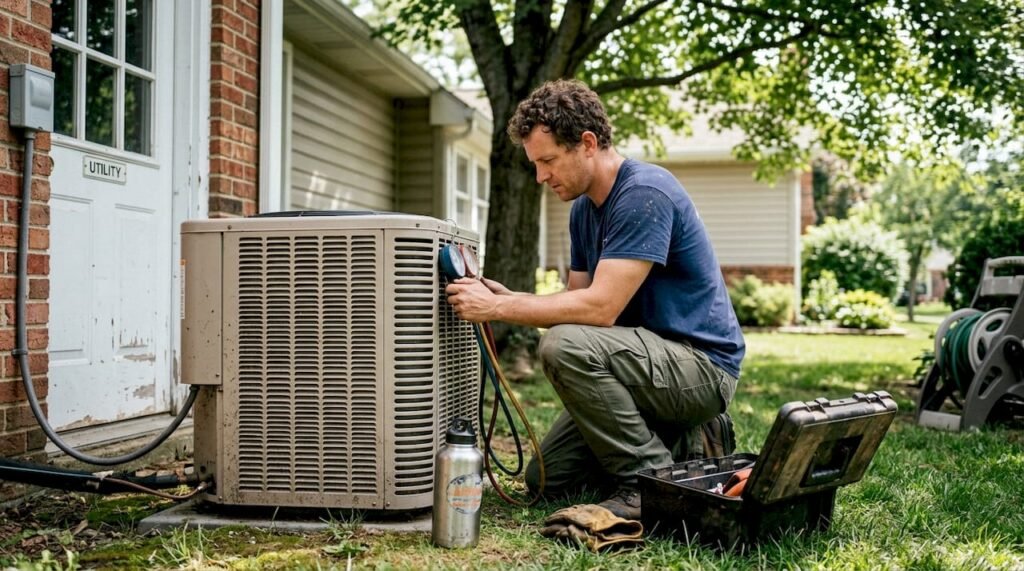 Technician diagnosing home air conditioning system
