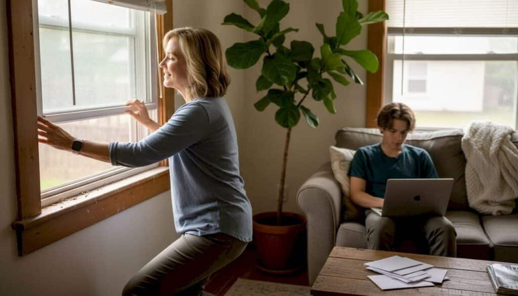 Mother airing out home, son on couch