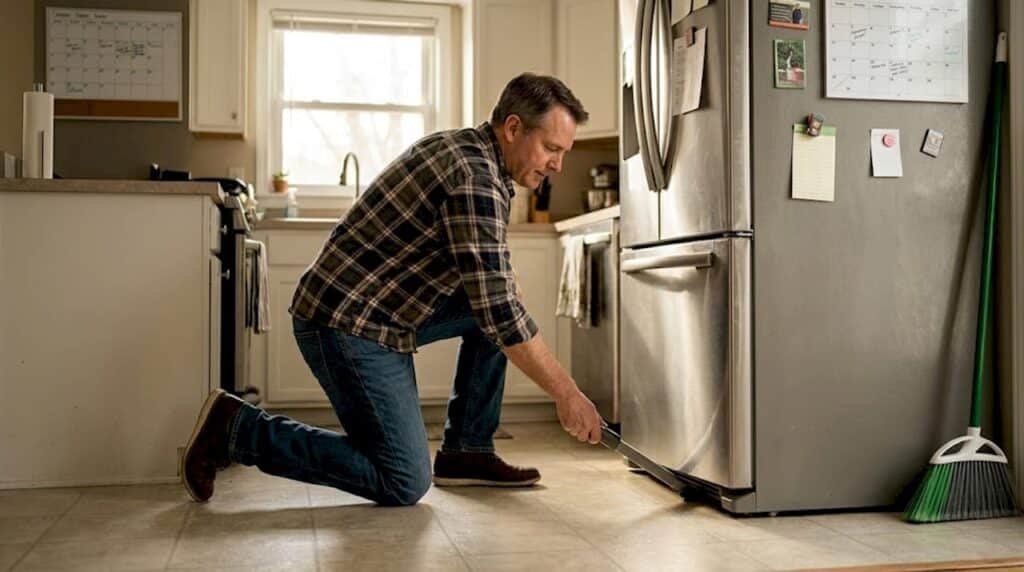 Homeowner cleaning refrigerator coils in kitchen