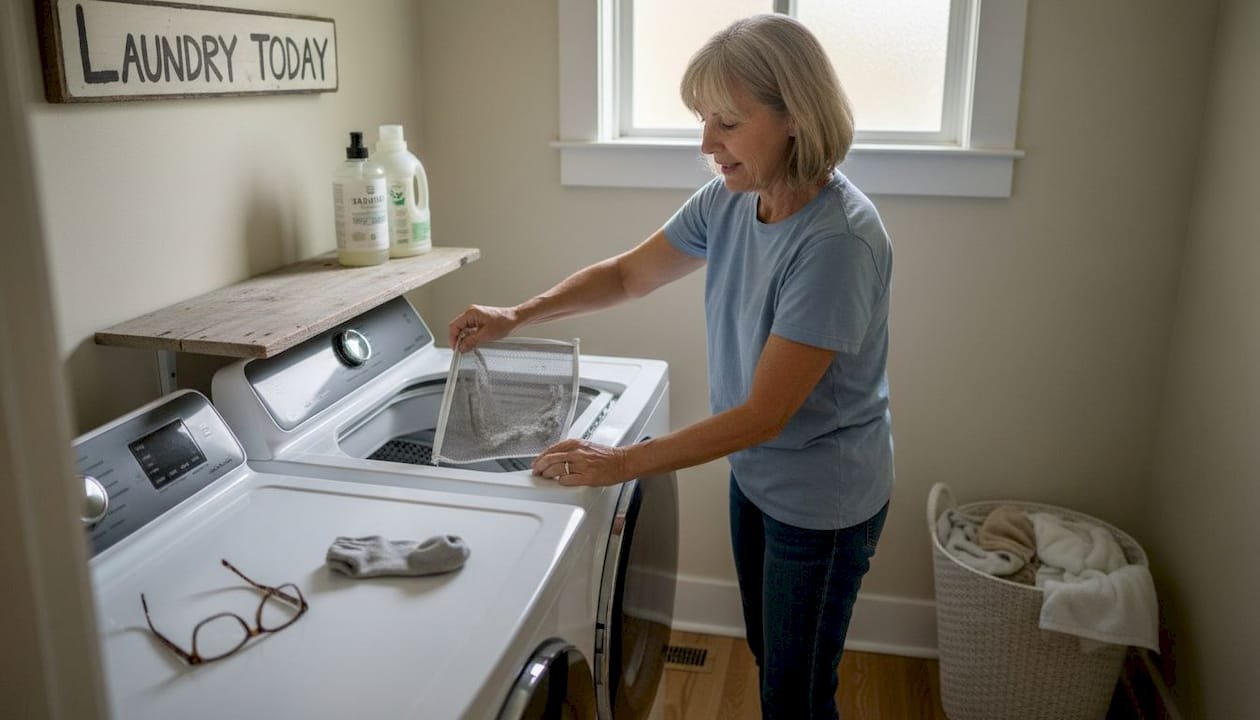 Person cleaning lint trap on home dryer