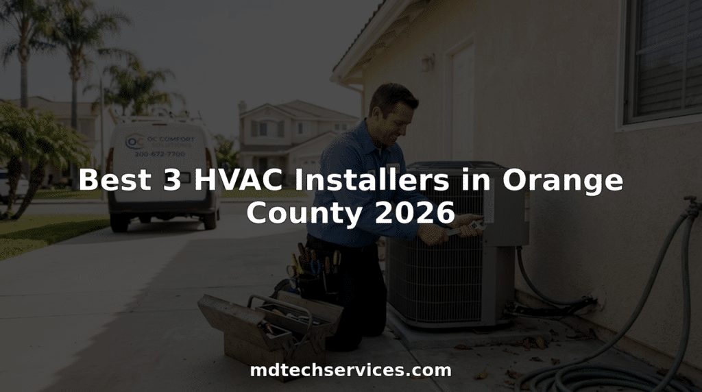 HVAC technician repairing air unit at Orange County home
