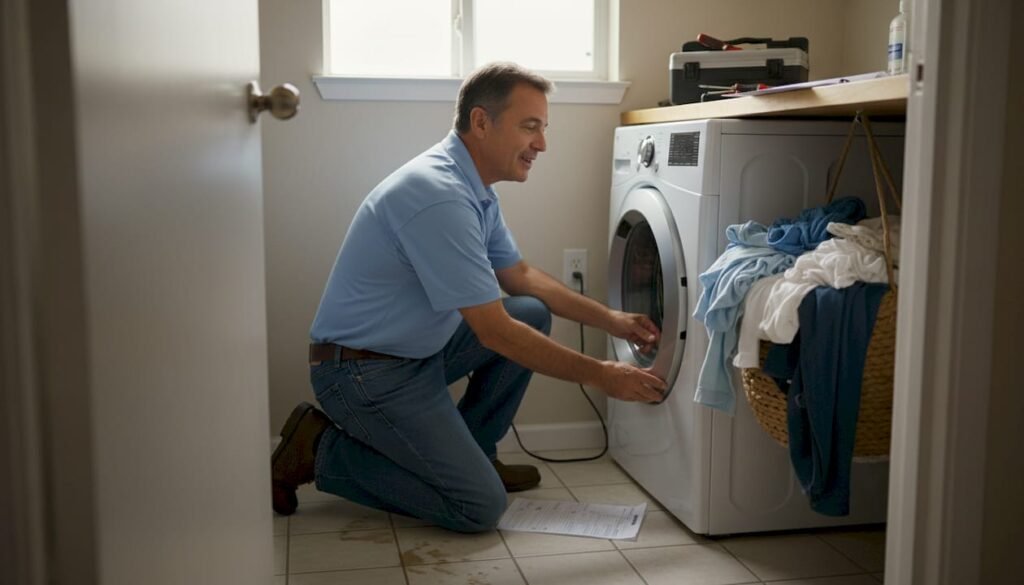 Homeowner inspecting laundry appliance wiring