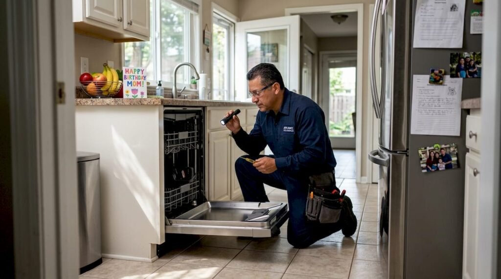 Technician repairing dishwasher in lived-in kitchen