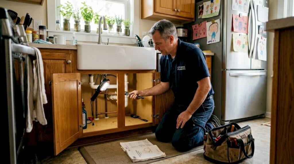 Plumber inspecting kitchen sink pipes