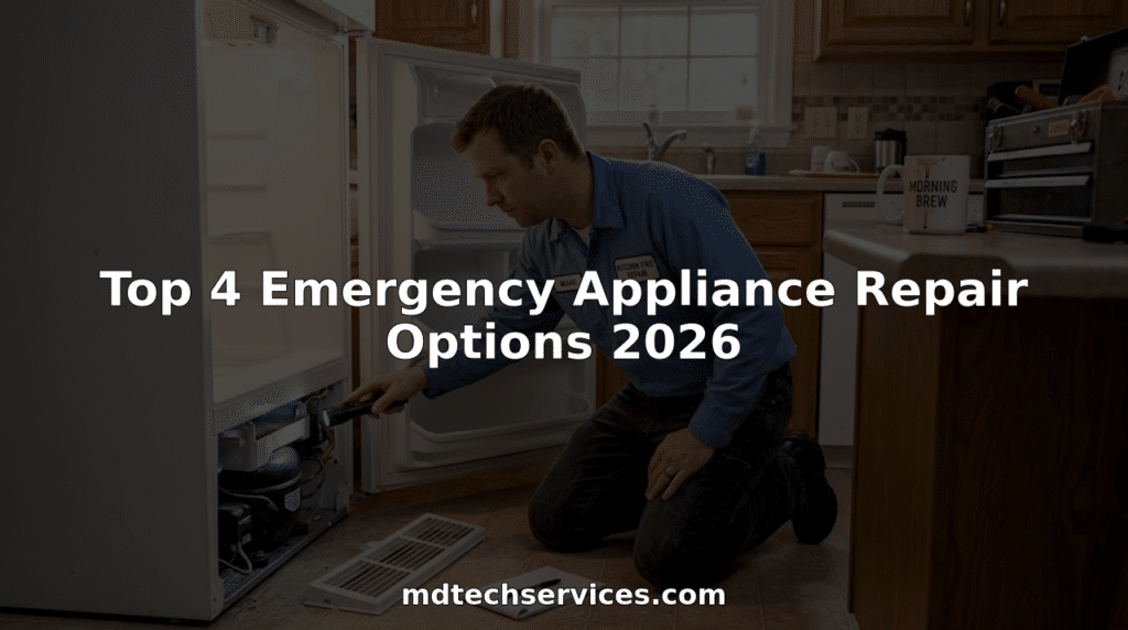 Technician troubleshooting refrigerator in home kitchen
