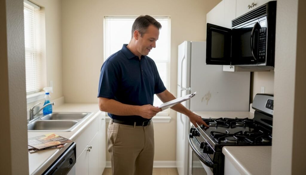 Landlord inspecting rental kitchen appliances