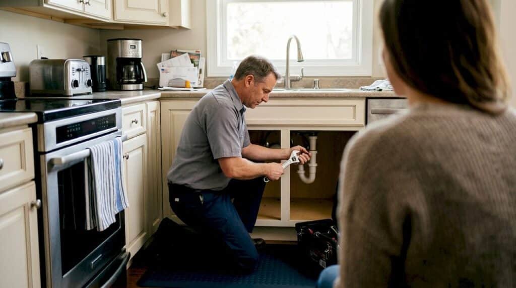 Repair technician fixing kitchen pipe at home