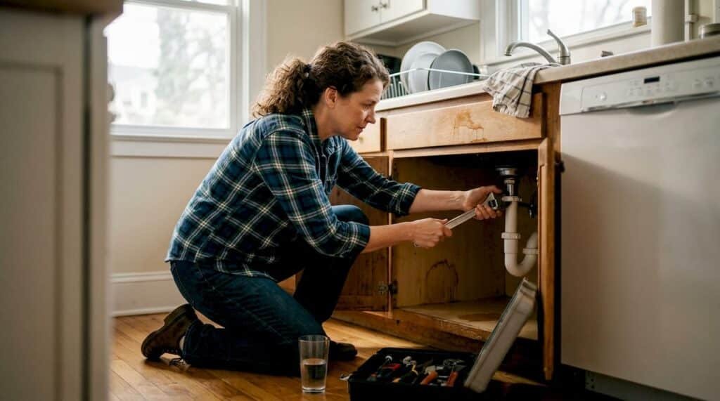 Homeowner fixing pipe leak under kitchen sink