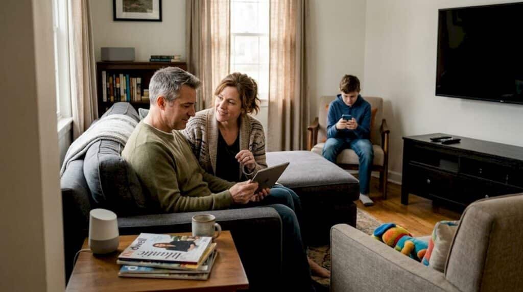 Family using smart devices in living room