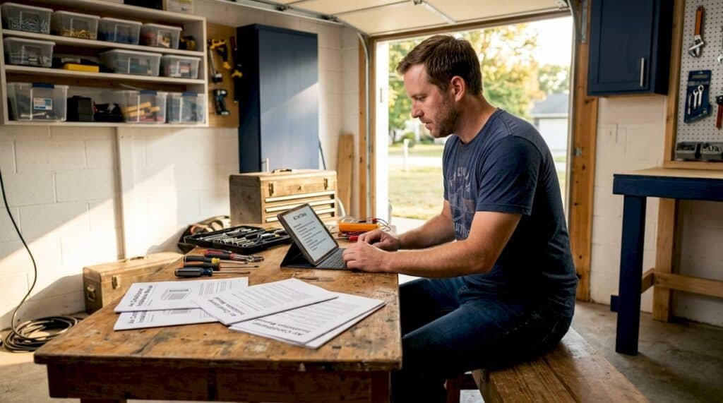 Homeowner planning DIY AC installation with tools