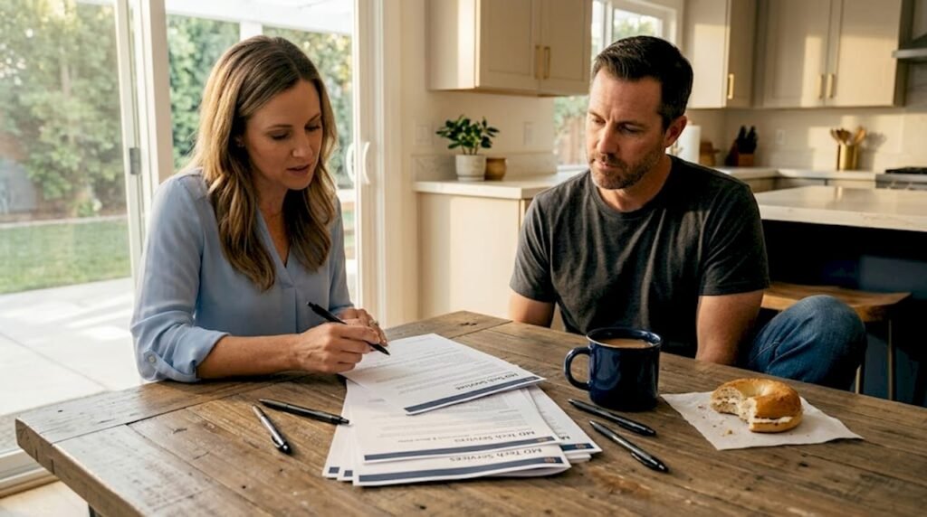 Couple reviewing service contract at kitchen table