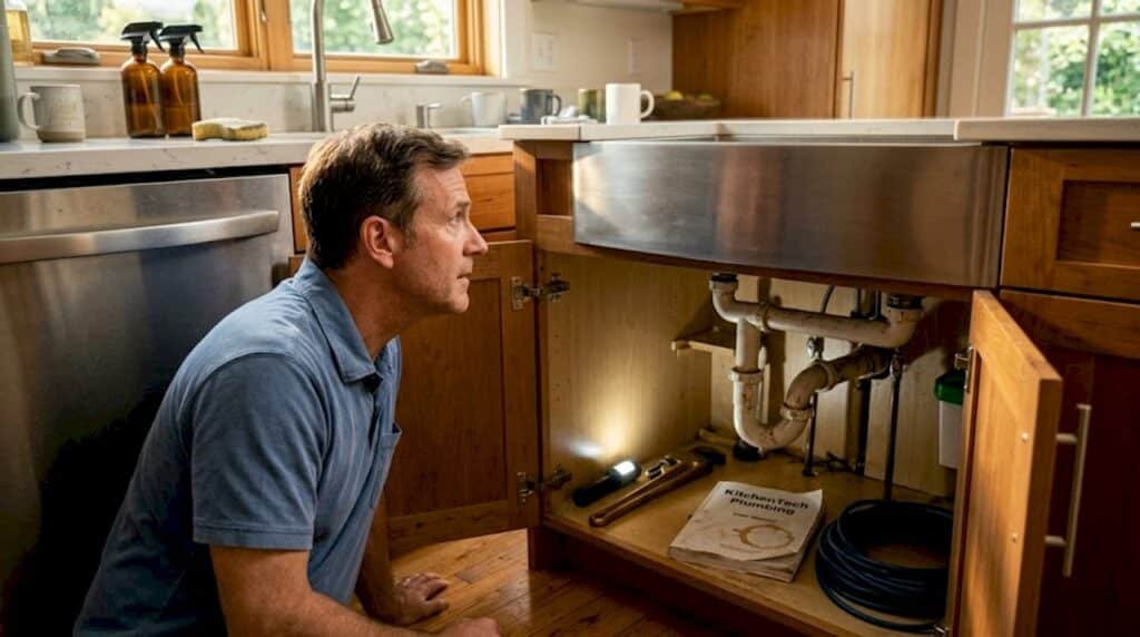 Homeowner checks plumbing trap under kitchen sink