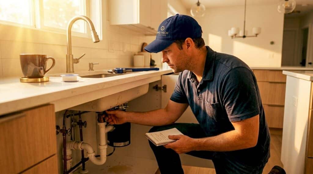 Homeowner checking plumbing under kitchen sink