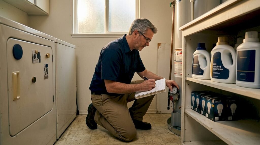 Man checks water heater in laundry room