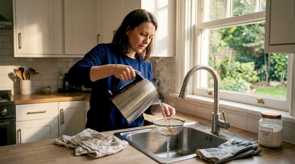 Woman cleaning kitchen drain at sink
