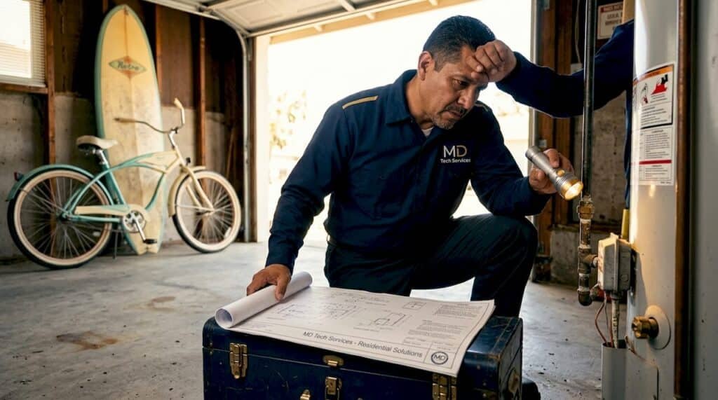 Technician checking water heater in SoCal garage
