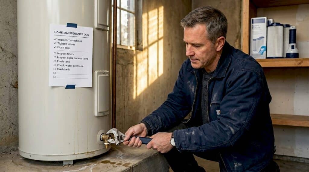 Homeowner maintains water heater in garage