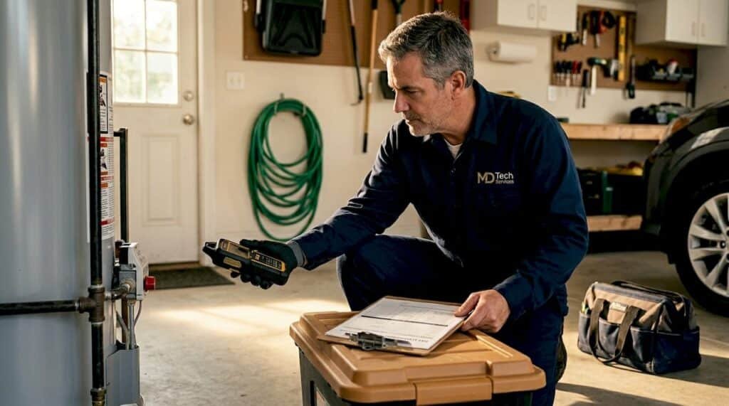 Technician inspecting gas line at home