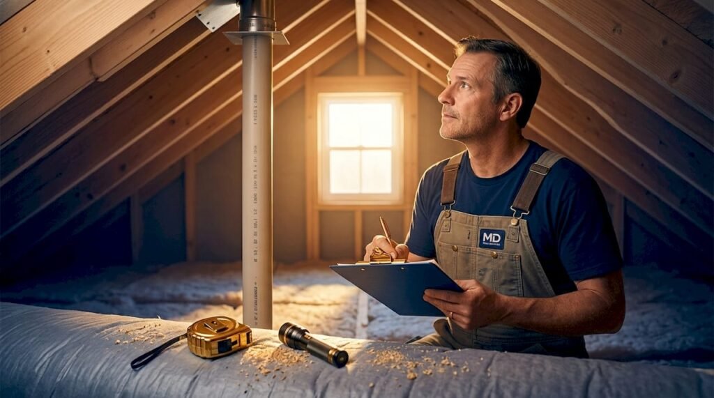 Plumber inspecting home vent pipes in attic