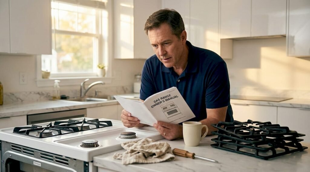Homeowner reading gas range manual in kitchen