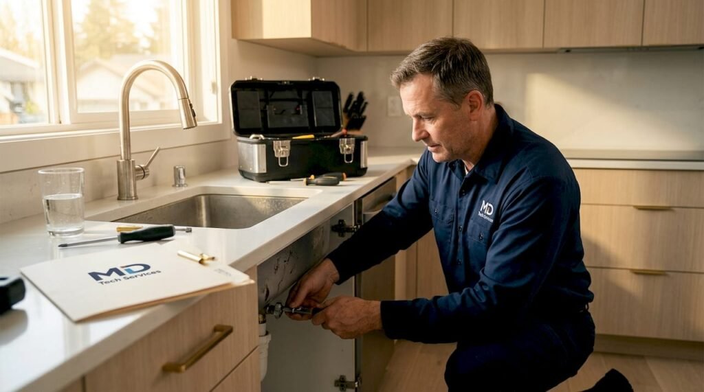 Technician repairing sink in everyday kitchen