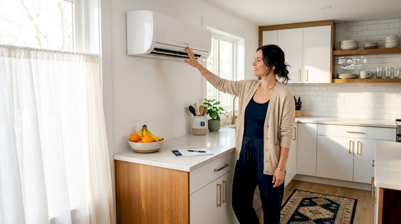 Homeowner adjusting ductless mini-split unit