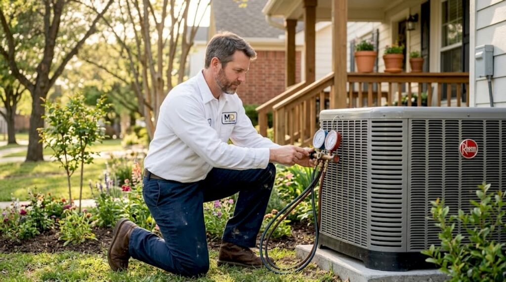Technician inspecting home HVAC installation