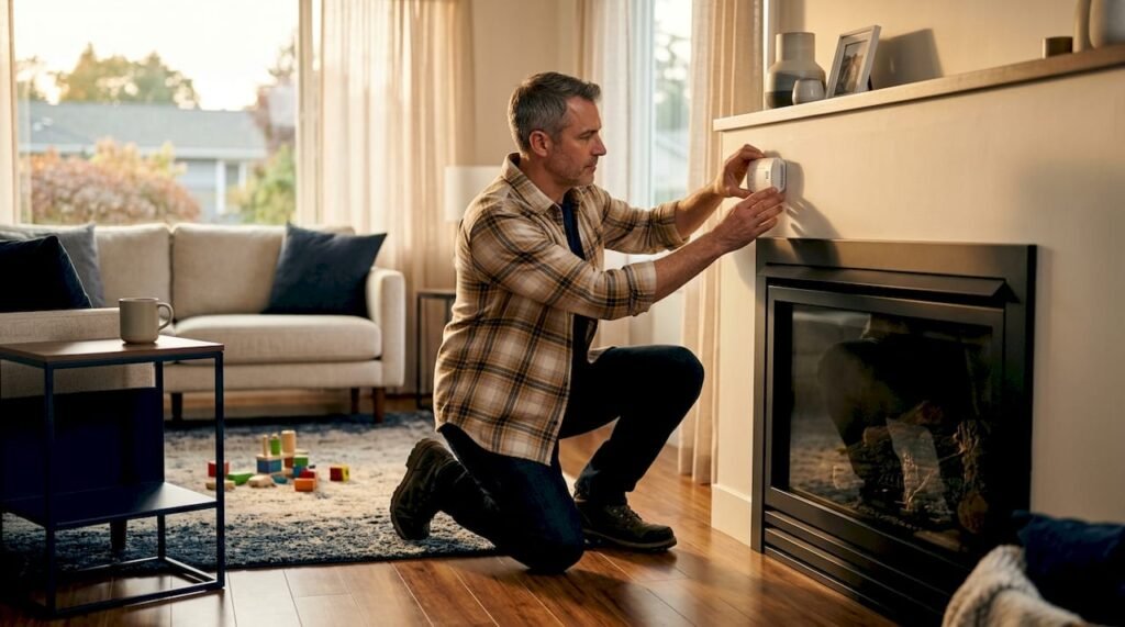 Man adjusting CO detector in living room
