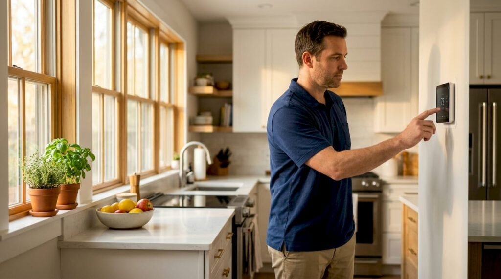 Homeowner adjusting thermostat in living room