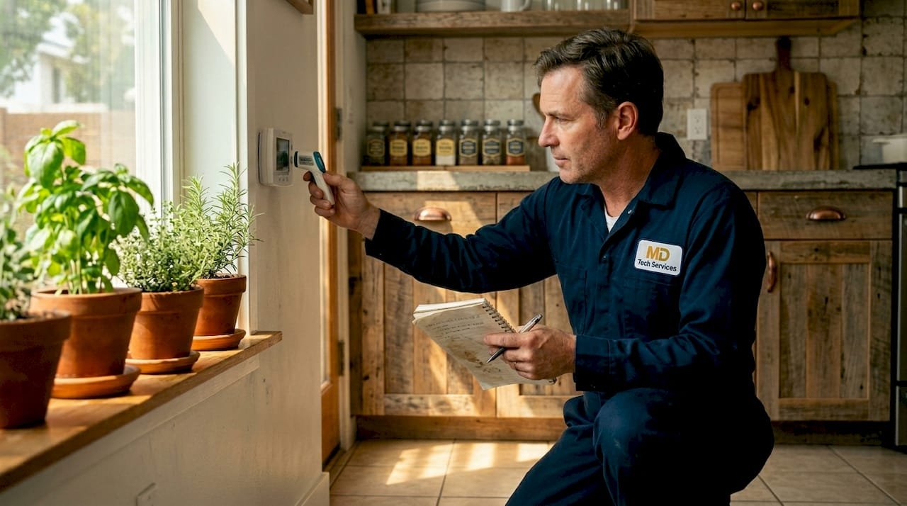 HVAC technician calibrating hallway thermostat