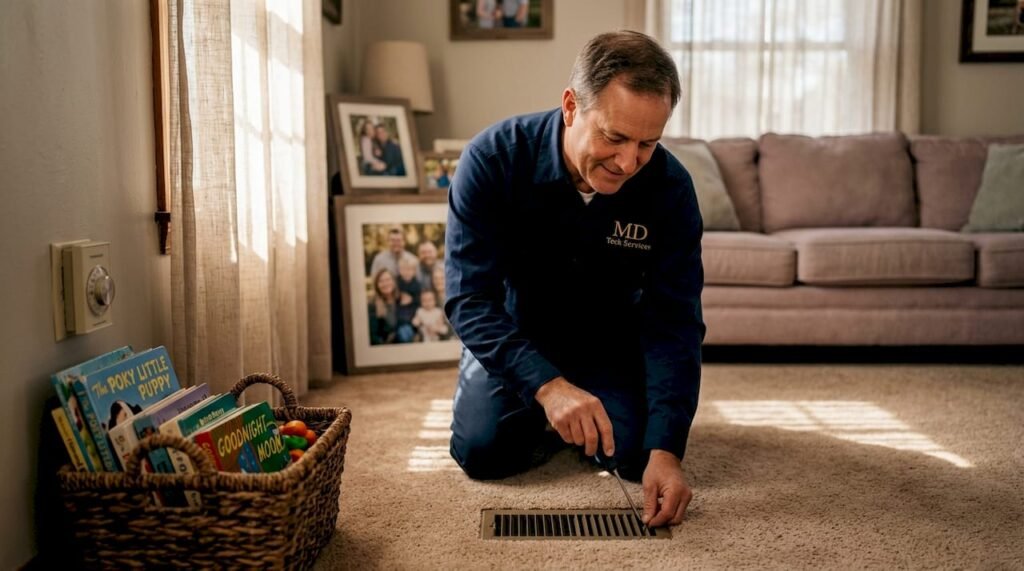 Technician adjusting floor vent in lived-in home