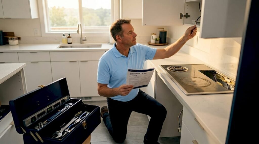 Homeowner inspecting oven cabinet before installation