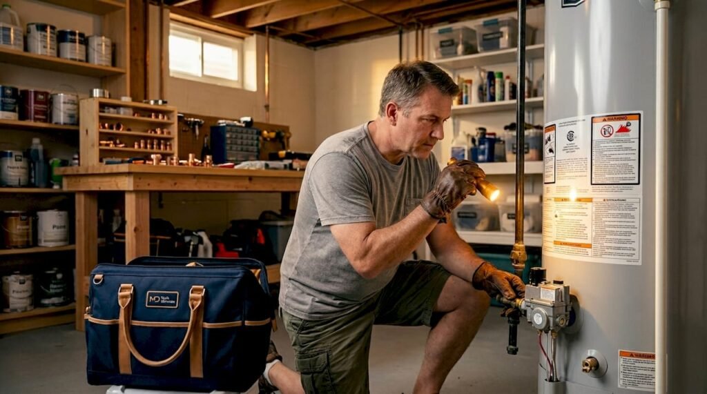 Homeowner inspecting water heater in garage