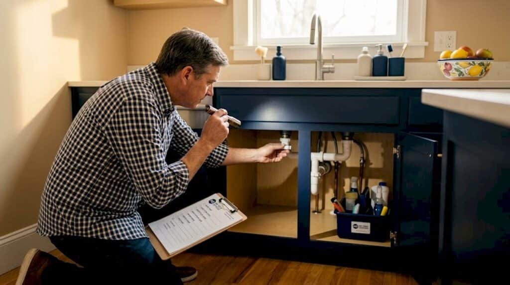 Homeowner inspecting pipes under kitchen sink