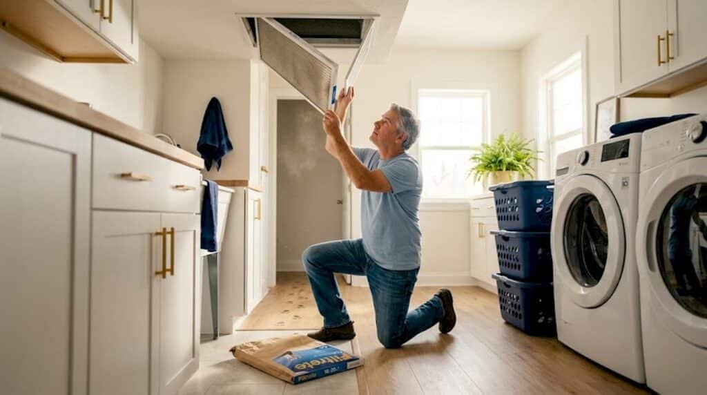 Homeowner removing HVAC filter in hallway closet