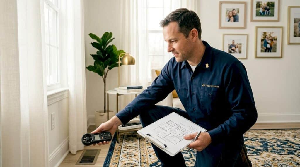 HVAC technician measuring home airflow at vent