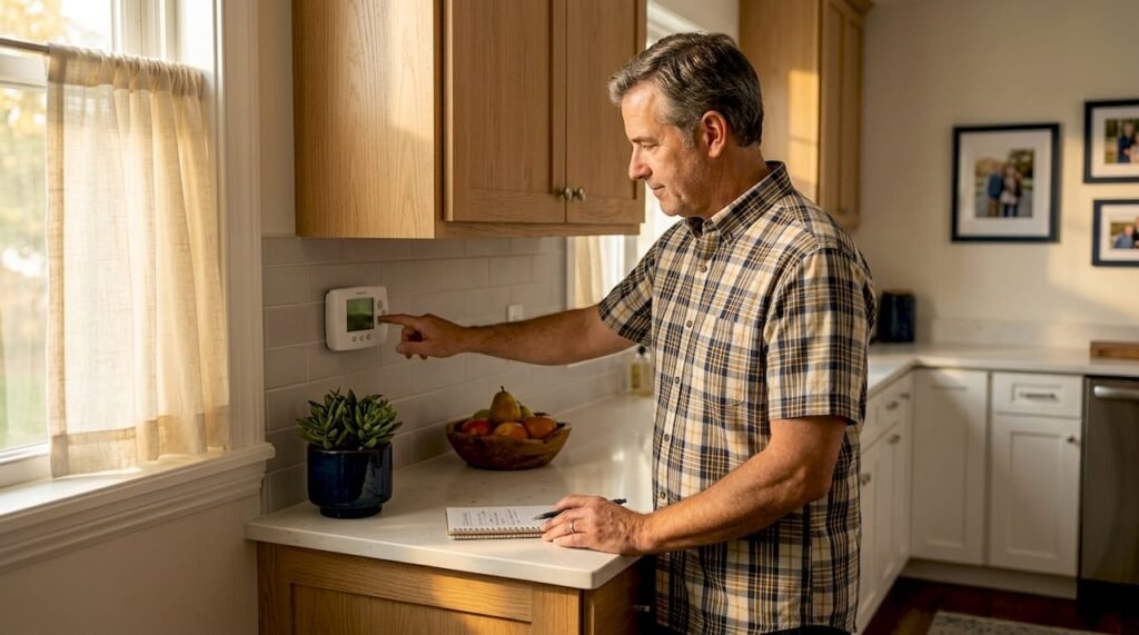 Homeowner adjusting thermostat for HVAC savings