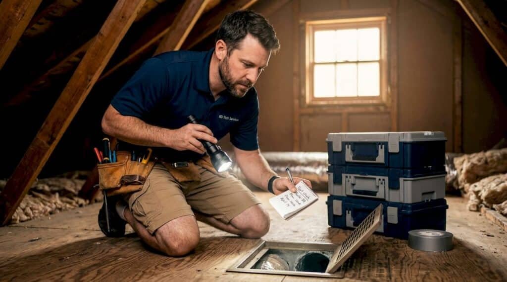 Technician checking HVAC vent in living room