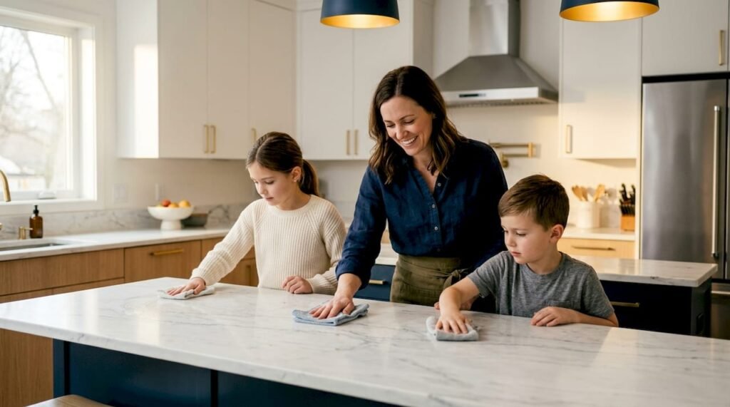 Family practicing kitchen safety cleaning routine