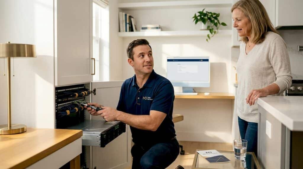 Man adjusting smart thermostat in living room