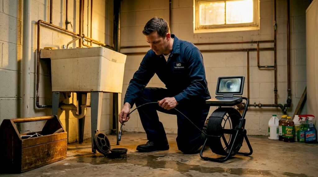 Technician performing sewer pipe camera inspection