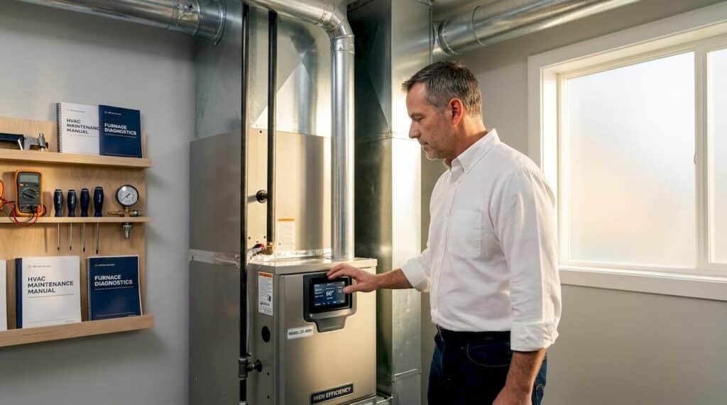 Homeowner examining high-efficiency furnace control panel