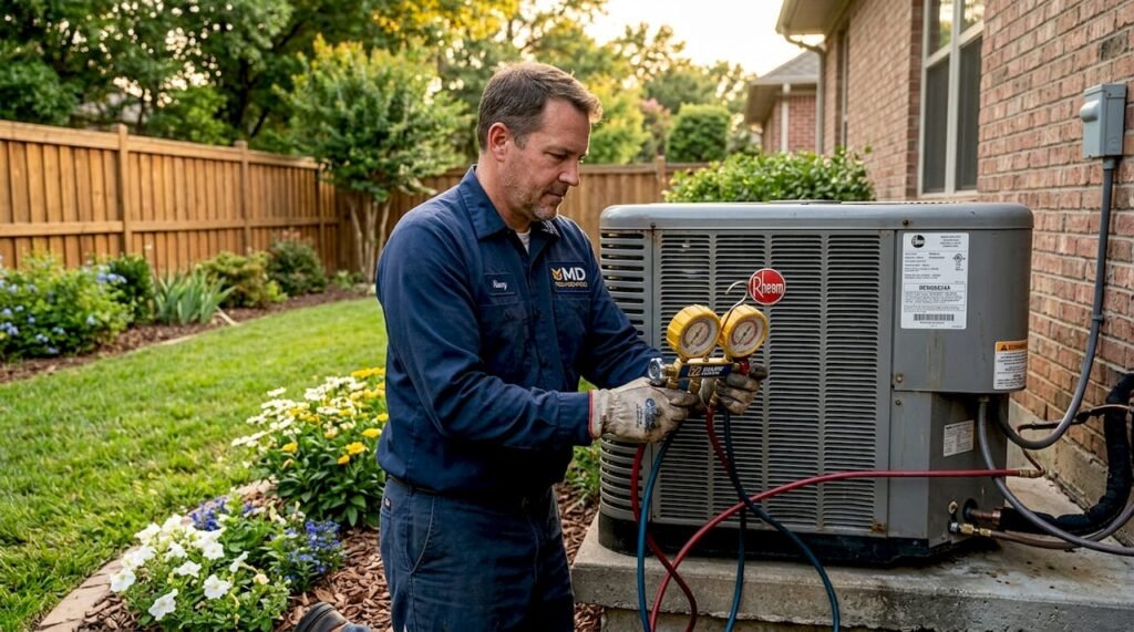 HVAC technician inspecting home air conditioner unit